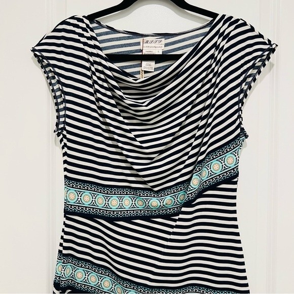 NWT Max Studio Cap Sleeve Cowl Neck Sheath Dress Womens Sz Large Striped Stretch - Picture 2 of 9